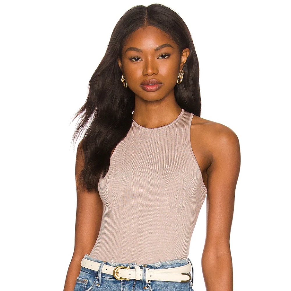 GOOD AMERICAN Angled Rib High Neck Bodysuit in Mink001
